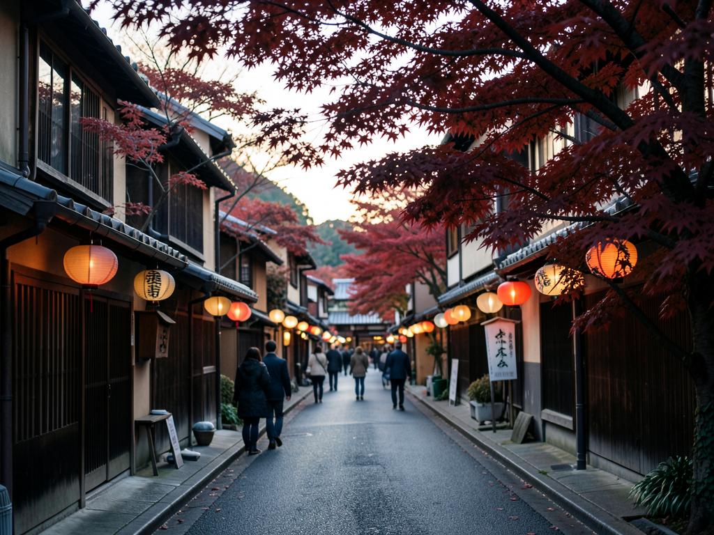 Kyoto street with lanterns in autumn