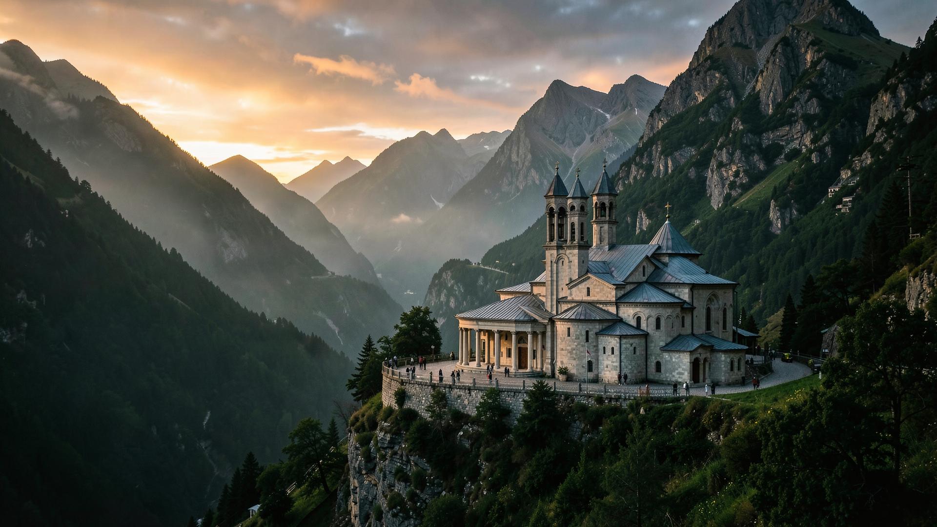 Gergeti Trinity Church below Mount Kazbegi at dawn
